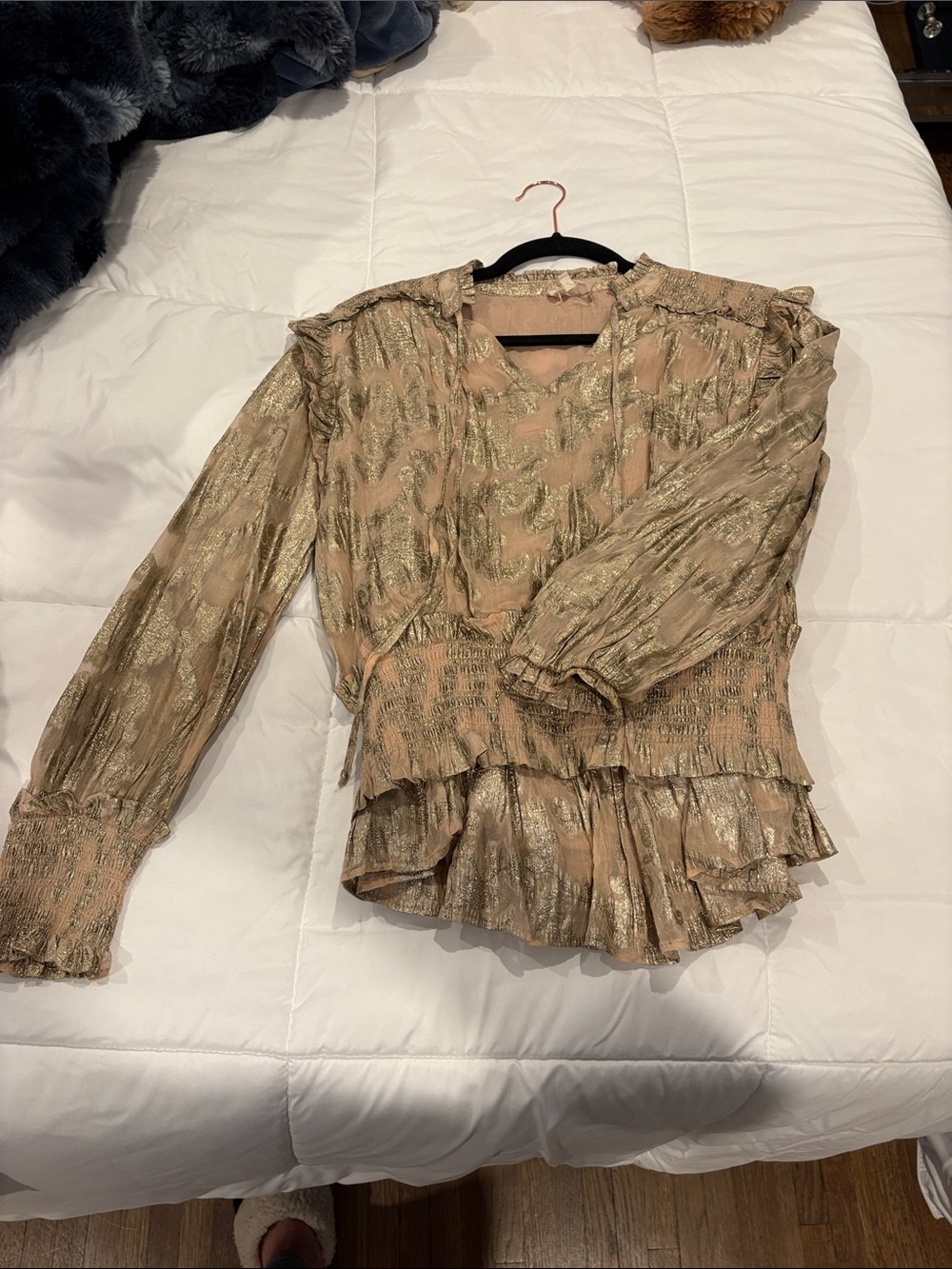 Elan Metallic Blush Gold Ruffle Blouse